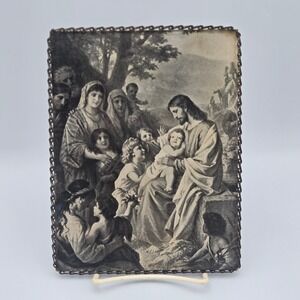 Antique Chain Framed Flue Cover Jesus with Children Religious Black/White Print